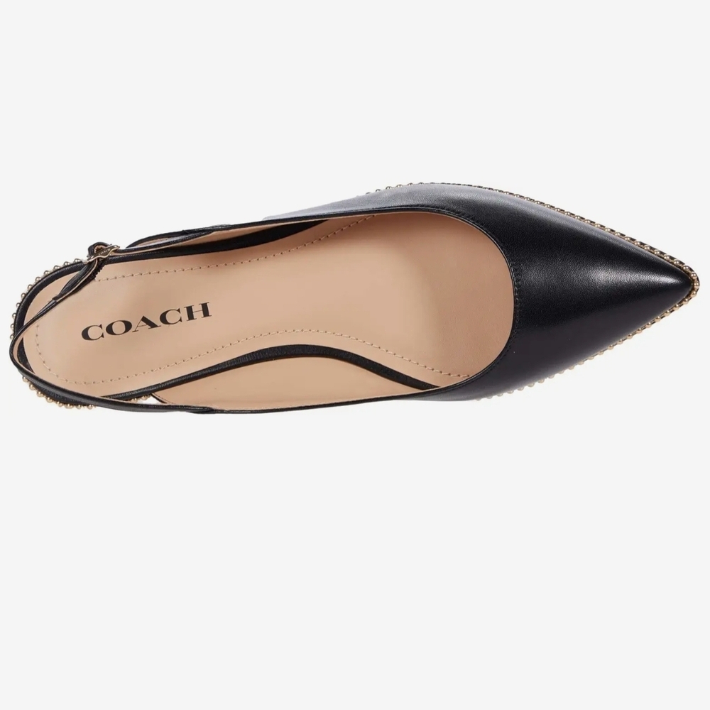 Coach Black Leather Pointed Slingback Flats with Gold Bead Trim - Picture 2 of 7